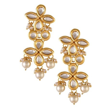 Floral Mirror Petal Jhumka Earrings with Pearl Drops Pair